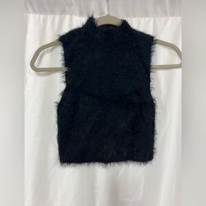 Forever 21 Sleeveless Cropped Fuzzy Shag Sweater Mock Neck Solid Black Size S